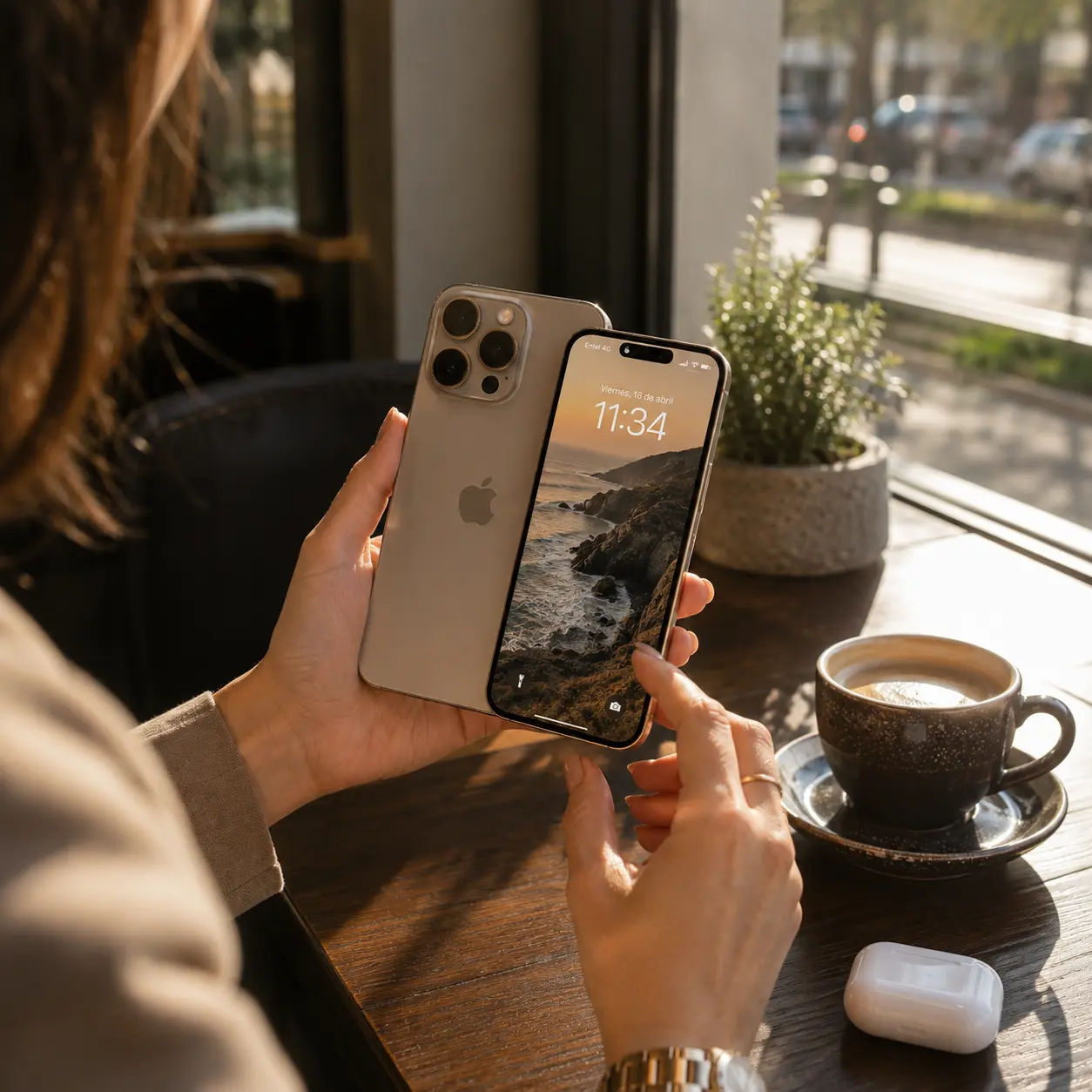 Manos sosteniendo dos teléfonos iPhone dorados en una mesa de cafetería junto a una taza de café